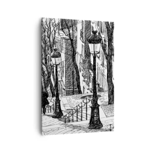 Cuadro sobre lienzo - Impresión de Imagen - Una calle con farolas y una silueta humana en técnica de boceto. - 70x100cm - ¿Una historia de amor o de terror? - Decoración de pared moderna para salón y dormitorio ARTTOR