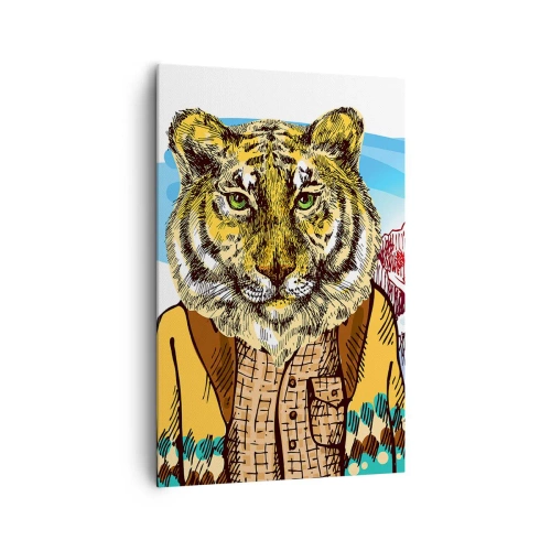 Cuadro sobre lienzo - Impresión de Imagen - Un tigre con abrigo frente a un paisaje montañoso. - 80x120cm - No es tan salvaje como dicen - Decoración de pared moderna para salón y dormitorio ARTTOR