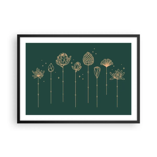 Póster en marco negro - Dibujos dorados de hierbas sobre un fondo verde oscuro. - 70x50cm - La familia vegetal - Decoración de pared moderna para salón y dormitorio ARTTOR