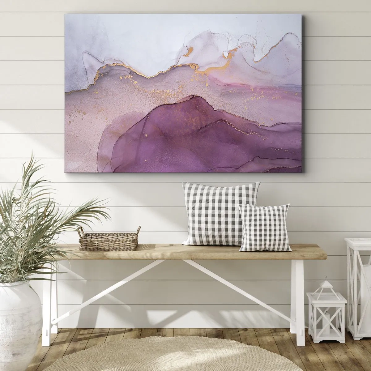 Cuadro sobre lienzo - Impresión de Imagen - Una composición abstracta en tonos morados y dorados. - 70x50cm - Olas de lila y púrpura - Decoración de pared moderna para salón y dormitorio ARTTOR