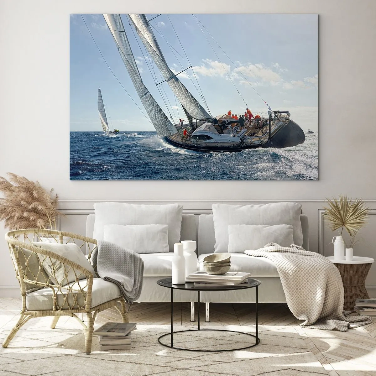 Cuadro sobre vidrio - Impresiones sobre Vidrio - Yates de carreras en mar abierto con el viento en sus velas - 70x50cm - Que gane el mejor - Decoración de pared moderna para salón y dormitorio ARTTOR