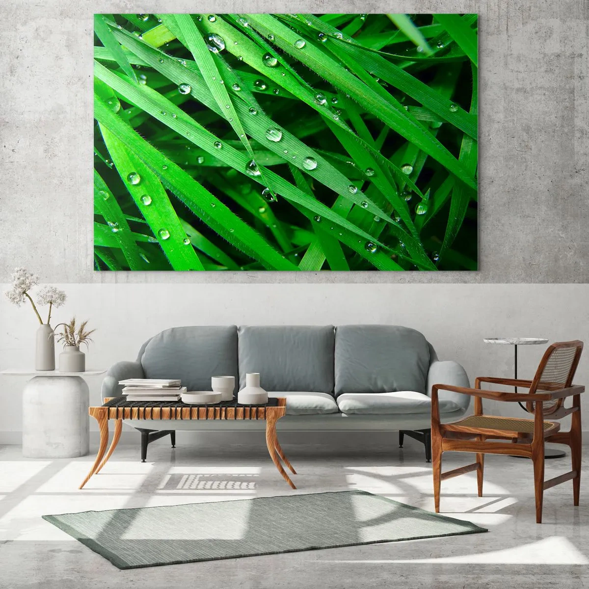 Cuadro sobre vidrio - Impresiones sobre Vidrio - Hojas verdes de hierba con gotas de rocío - 70x50cm - Jugar al verde - Decoración de pared moderna para salón y dormitorio ARTTOR