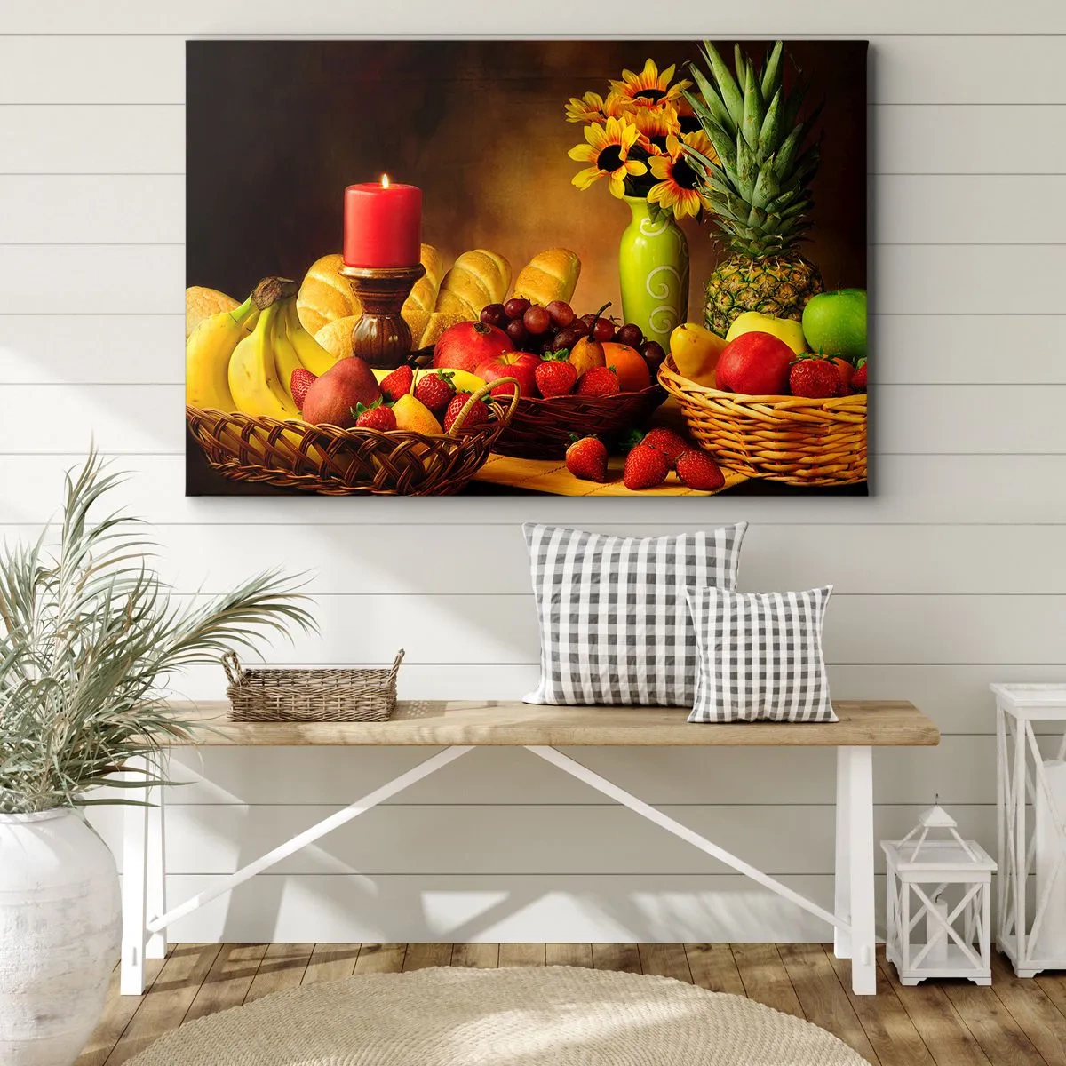 Cuadro sobre lienzo - Impresión de Imagen - Bodegón con fruta, pan, vela y flores. - 120x80cm - Bodegón con pan y fruta - Decoración de pared moderna para salón y dormitorio ARTTOR