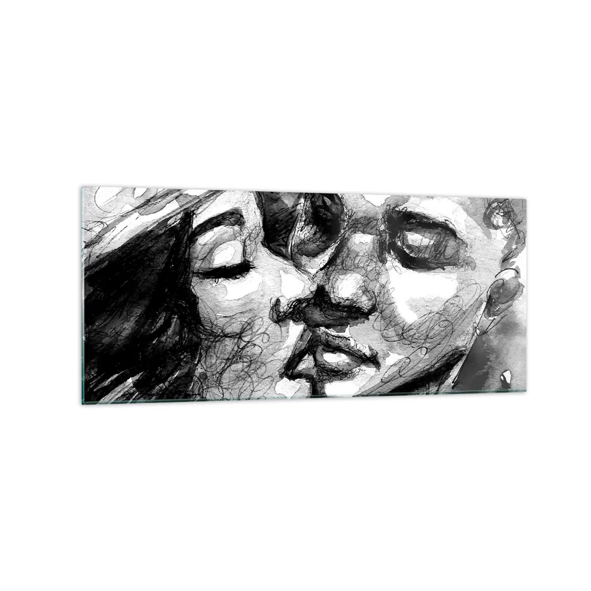 Cuadro sobre vidrio - Impresiones sobre Vidrio - Una acuarela en blanco y negro que representa un momento íntimo entre dos personas. - 120x50cm - Un momento tierno - Decoración de pared moderna para salón y dormitorio ARTTOR