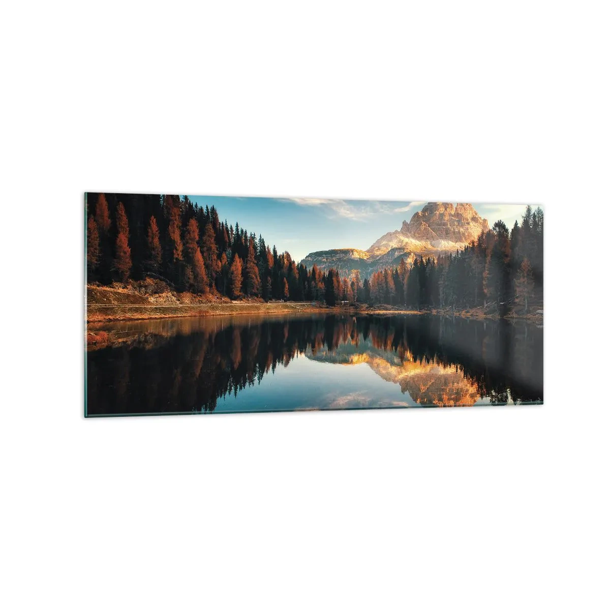 Cuadro sobre vidrio - Impresiones sobre Vidrio - Paisaje de montaña con lago y bosque. - 120x50cm - Paisaje duplicado - Decoración de pared moderna para salón y dormitorio ARTTOR