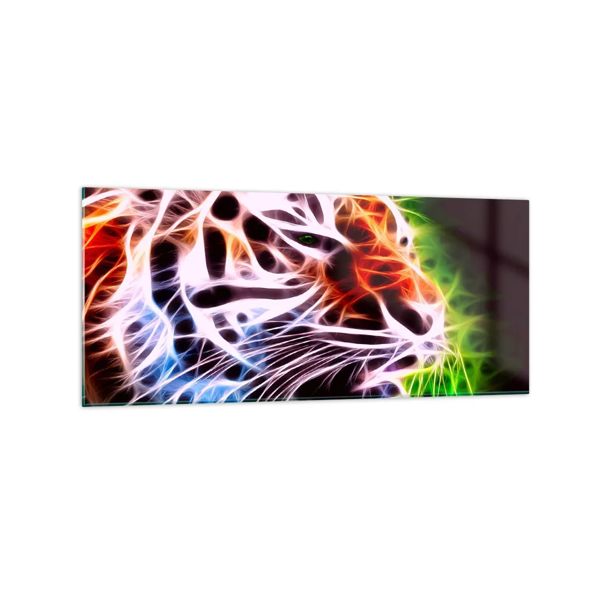 Cuadro sobre vidrio - Impresiones sobre Vidrio - Retrato artístico colorido de un tigre en estilo neón sobre fondo negro. - 120x50cm - Un aura amenazante - Decoración de pared moderna para salón y dormitorio ARTTOR