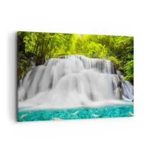 Cuadro sobre lienzo - Impresión de Imagen - Una cascada en un bosque tropical con agua turquesa. - 100x70cm - Cascada espumosa, de verde a azul - Decoración de pared moderna para salón y dormitorio ARTTOR