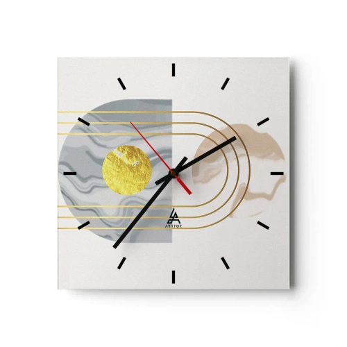 Reloj de pared - Reloj de vidrio - Composición abstracta con círculos y líneas doradas sobre fondo claro. - 30x30cm - Brillo y resplandor - Decoración de pared moderna para salón y dormitorio ARTTOR
