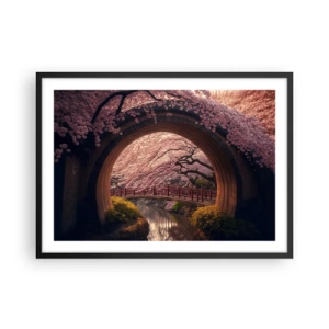 Póster en marco negro - Un puente tradicional japonés rodeado de flores de cerezo. - 70x50cm - Primavera japonesa - Decoración de pared moderna para salón y dormitorio ARTTOR