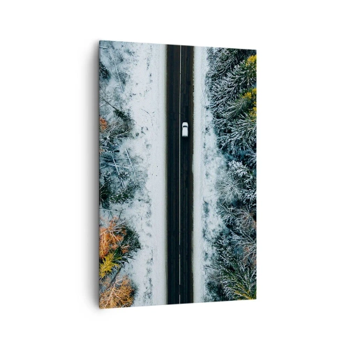 Cuadro sobre lienzo - Impresión de Imagen - Un camino a través de un bosque invernal visto a vista de pájaro - 80x120cm - Atravesar el bosque en invierno - Decoración de pared moderna para salón y dormitorio ARTTOR