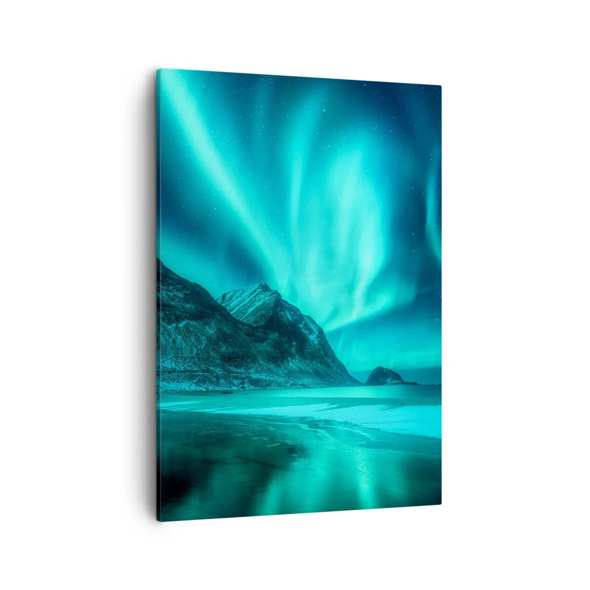 Cuadro sobre lienzo - Impresión de Imagen - Aurora boreal sobre un paisaje invernal montañoso - 50x70cm - Maravillas del norte - Decoración de pared moderna para salón y dormitorio ARTTOR