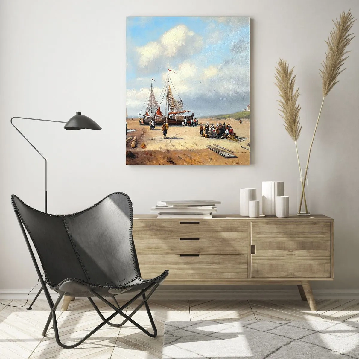 Cuadro sobre vidrio - Impresiones sobre Vidrio - Escena de playa con barcos de pesca y gente pescando. - 50x70cm - Después de una pesca exitosa - Decoración de pared moderna para salón y dormitorio ARTTOR