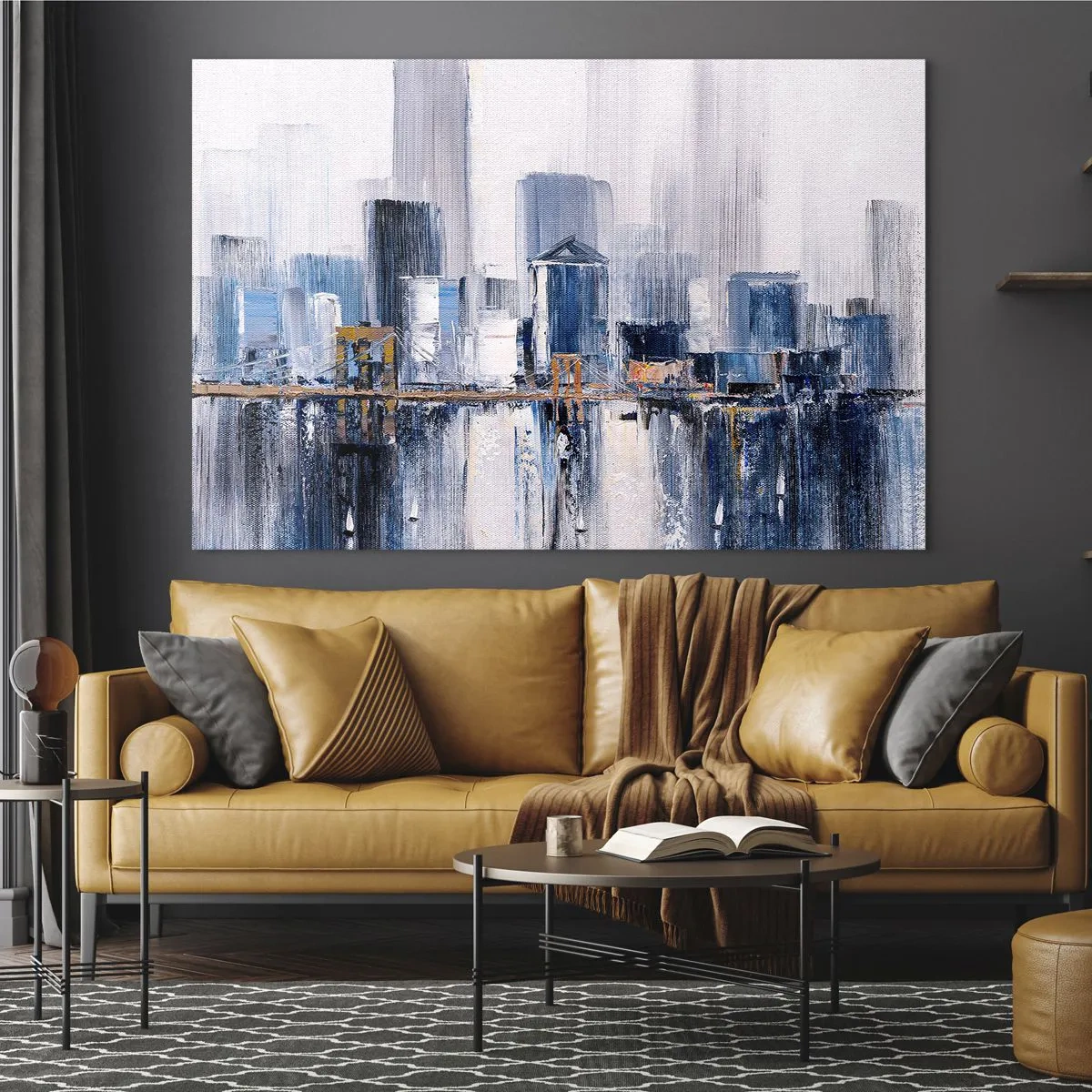 Cuadro sobre vidrio - Impresiones sobre Vidrio - Panorama abstracto de la ciudad con rascacielos y un puente en colores fríos - 70x50cm - Impresión neoyorquina - Decoración de pared moderna para salón y dormitorio ARTTOR