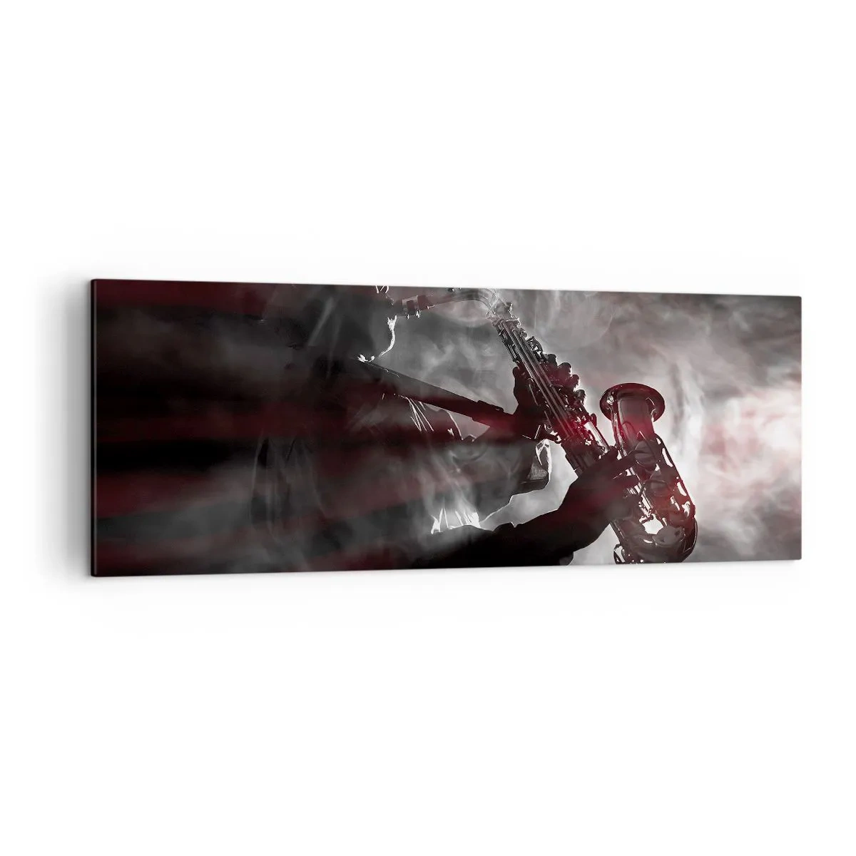 Cuadro sobre lienzo - Impresión de Imagen - Saxofonista en humo en el escenario en negro y rojo atmosférico - 140x50cm - En el vapor del jazz - Decoración de pared moderna para salón y dormitorio ARTTOR