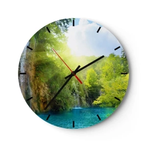 Reloj de pared - Reloj de vidrio - Una cascada entre vegetación y agua azul. - 30x30cm - Debe ser el Edén - Decoración de pared moderna para salón, cocina y dormitorio ARTTOR
