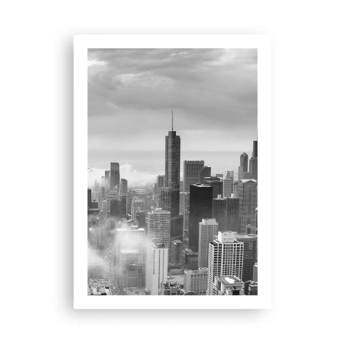 Póster - Vista en blanco y negro del horizonte de la ciudad con rascacielos en las nubes. - 50x70cm - Paisaje americano - Decoración de pared moderna para salón y dormitorio ARTTOR