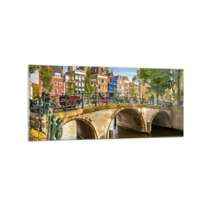 Cuadro sobre vidrio - Impresiones sobre Vidrio - Un pintoresco canal con un puente en Ámsterdam. - 120x50cm - Primavera en el canal - Decoración de pared moderna para salón y dormitorio ARTTOR