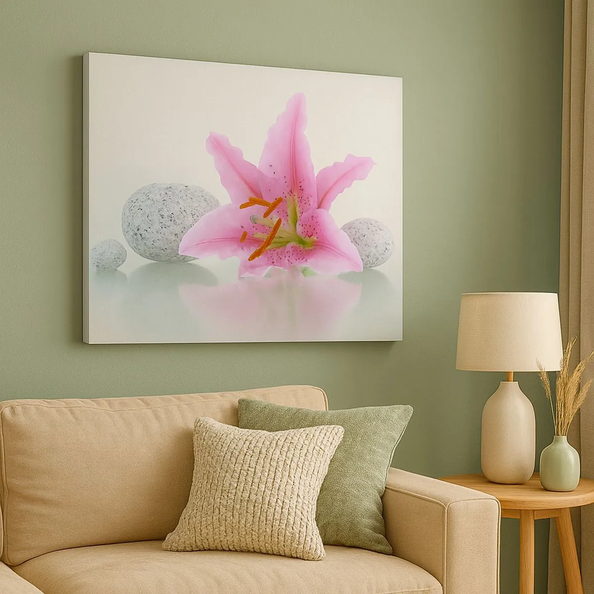 Cuadro sobre lienzo - Impresión de Imagen - Flor de lirio rosa con piedras sobre un fondo claro. - 70x50cm - Estudio en rosa, gris y blanco - Decoración de pared moderna para salón y dormitorio ARTTOR