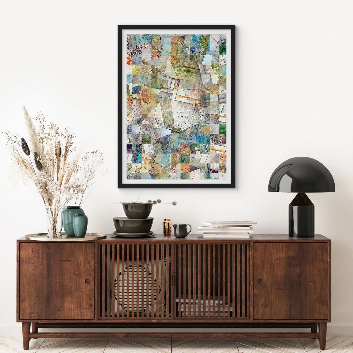 Póster en marco negro - Un mosaico abstracto de formas geométricas en tonos tierra. - 50x70cm - Remodelación geométrica - Decoración de pared moderna para salón y dormitorio ARTTOR