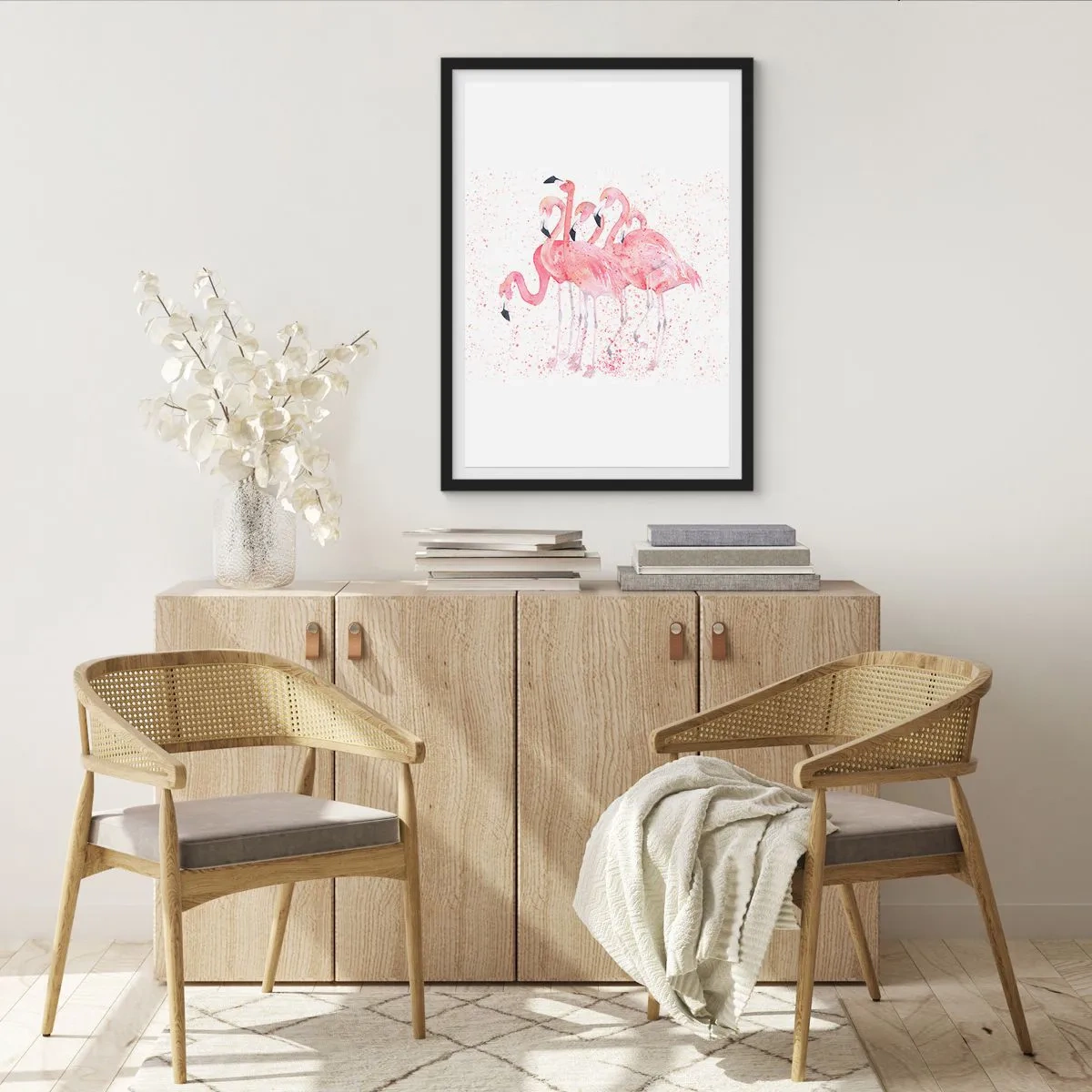 Póster en marco negro - Un grupo de flamencos rosados sobre un fondo blanco. - 50x70cm - Asamblea rosa - Decoración de pared moderna para salón y dormitorio ARTTOR