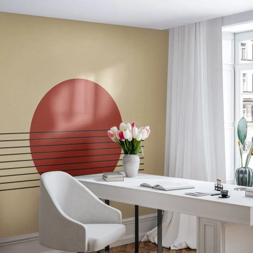 Fotomural Premium Sand - Un sol minimalista con líneas sobre fondo beige. - 100x70cm - Cruzando el círculo - Decoración de pared moderna para salón y dormitorio ARTTOR