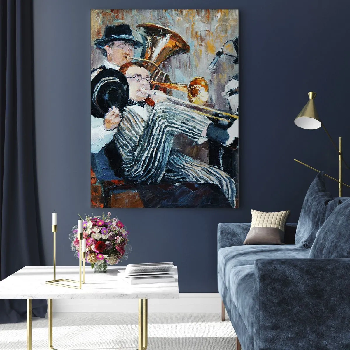 Cuadro sobre vidrio - Impresiones sobre Vidrio - Una banda de jazz en una escena impresionista atmosférica. - 50x70cm - Todo ese jazz - Decoración de pared moderna para salón y dormitorio ARTTOR