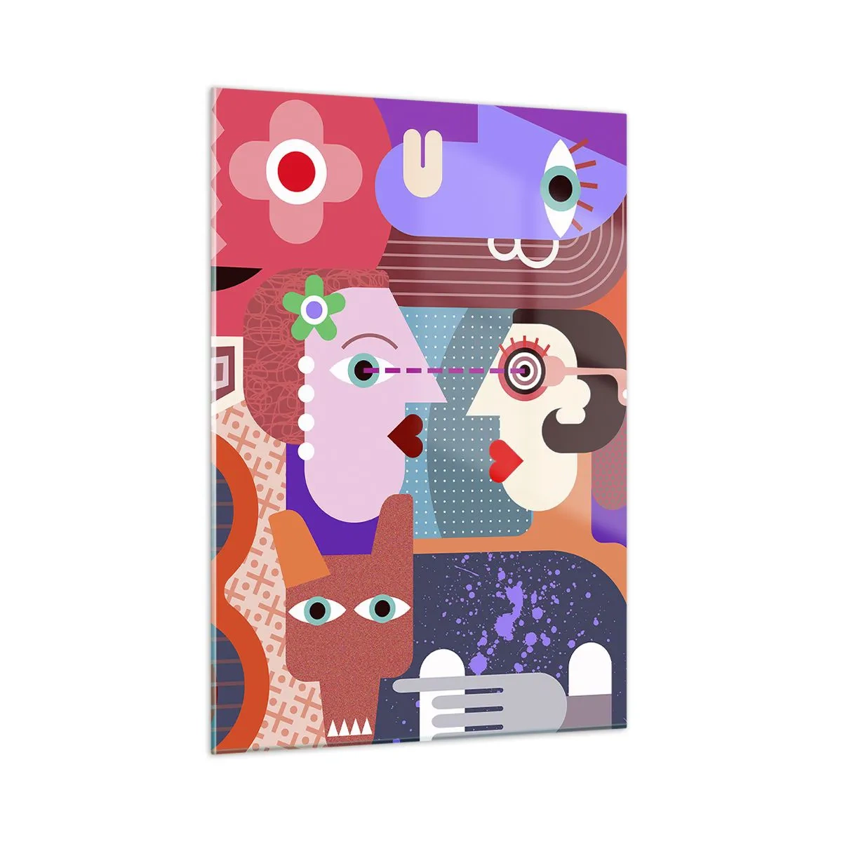 Cuadro sobre vidrio - Impresiones sobre Vidrio - Una composición abstracta de rostros y formas en colores intensos. - 50x70cm - Cara a cara - Decoración de pared moderna para salón y dormitorio ARTTOR