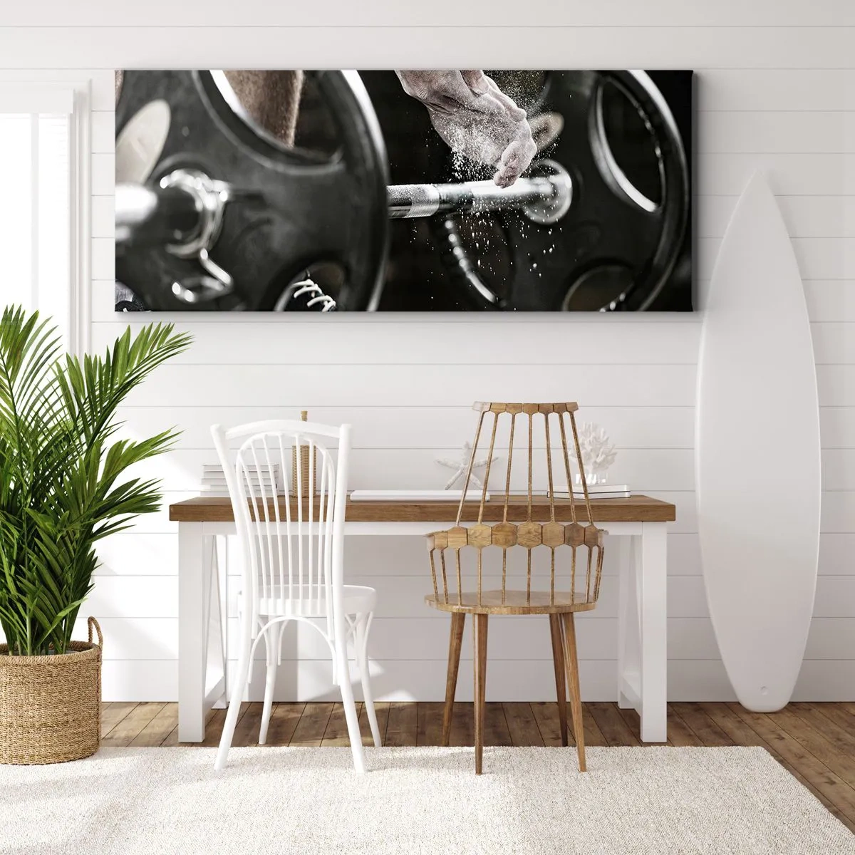 Cuadro sobre lienzo - Impresión de Imagen - Mancuernas y manos de un atleta preparándose para el entrenamiento. - 160x50cm - ¡Reto aceptado! - Decoración de pared moderna para salón y dormitorio ARTTOR