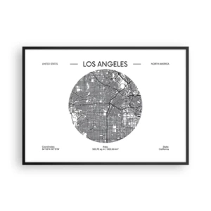 Póster en marco negro - Un mapa de Los Ángeles en un estilo minimalista en blanco y negro. - 100x70cm - Anatomía de Los Ángeles - Decoración de pared moderna para salón y dormitorio ARTTOR