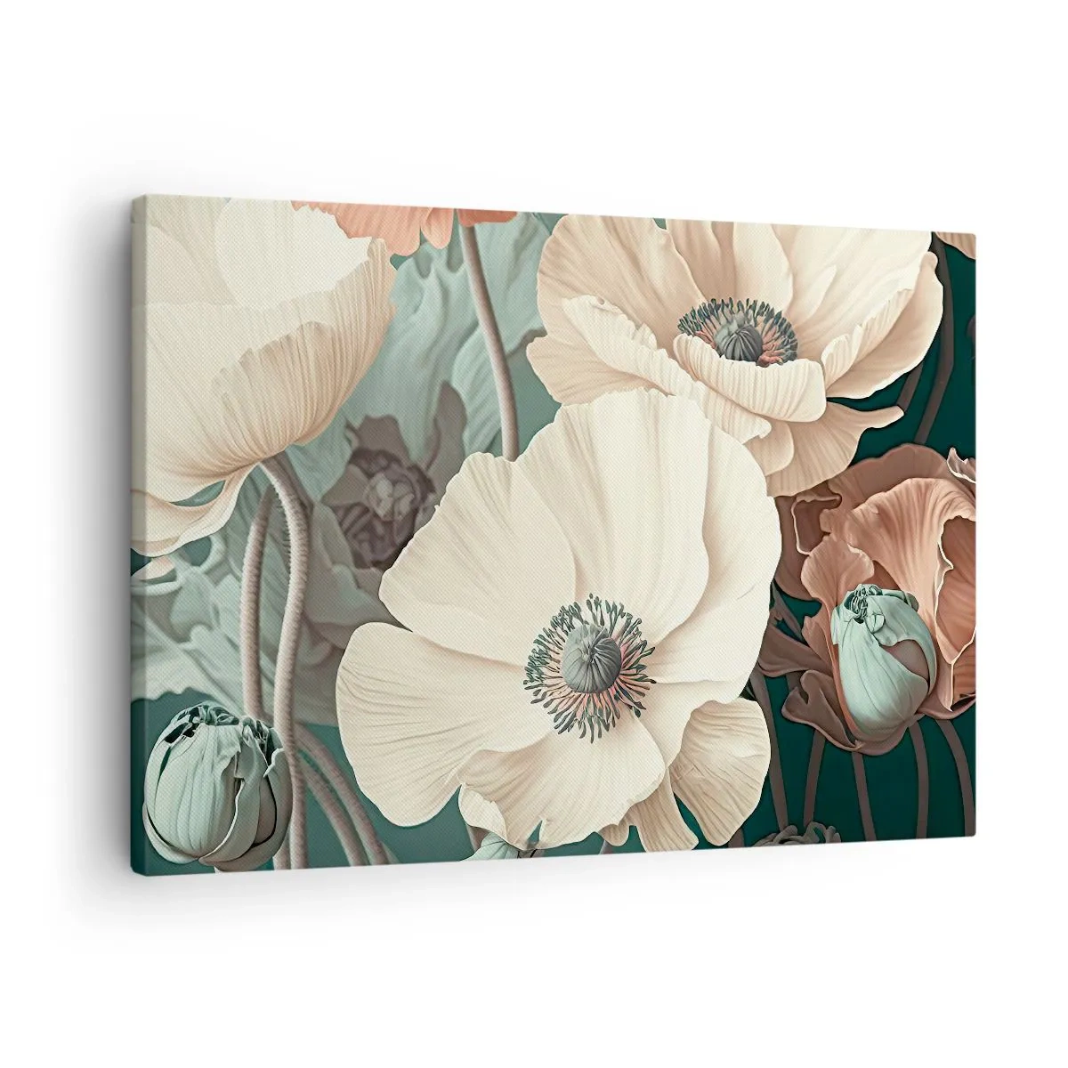 Cuadro sobre lienzo - Impresión de Imagen - Elegantes flores en tonos pastel sobre un fondo verde. - 70x50cm - Susurro de amapolas - Decoración de pared moderna para salón y dormitorio ARTTOR