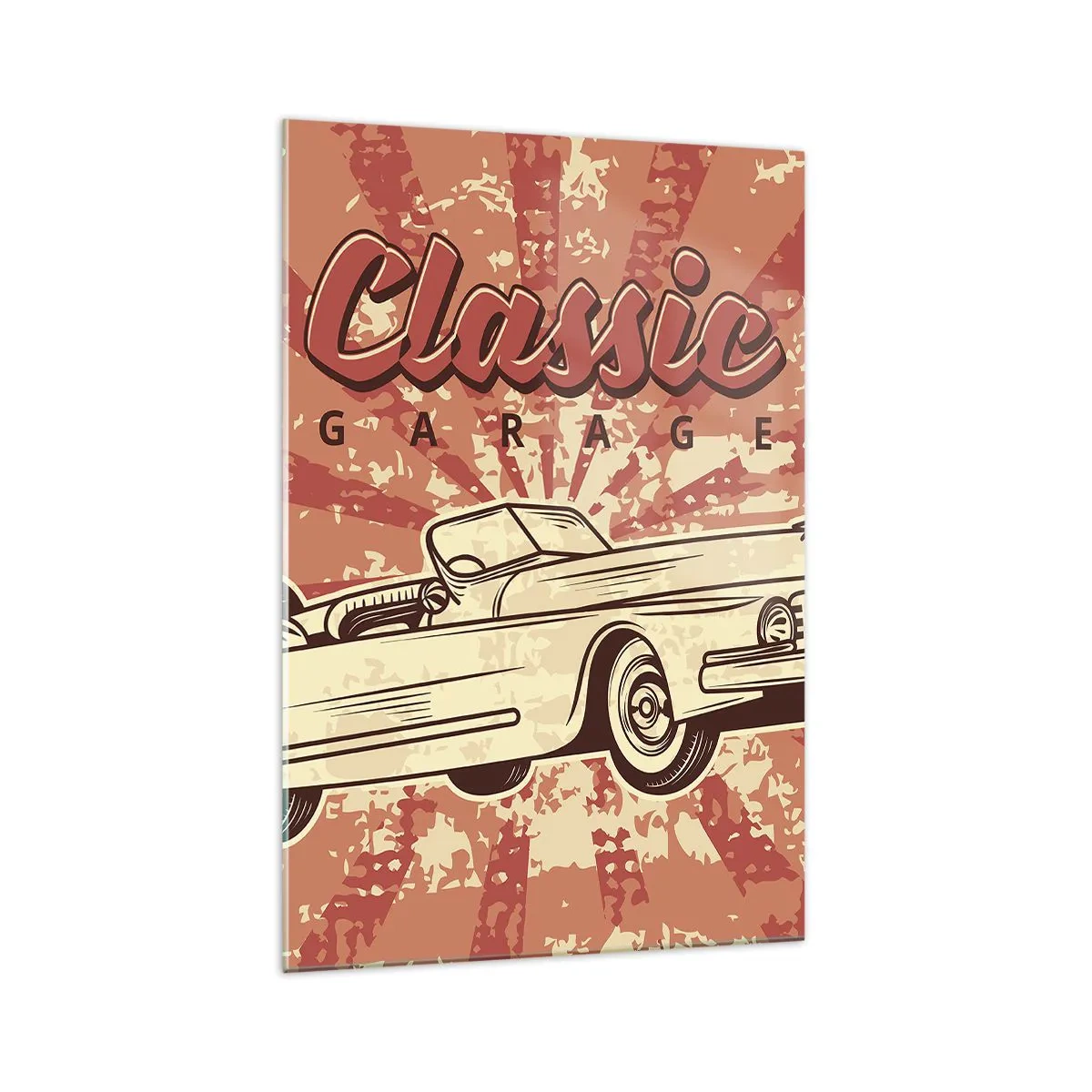 Cuadro sobre vidrio - Impresiones sobre Vidrio - Póster retro con un coche clásico y las palabras Classic Garage - 70x100cm - Y Elvis en la radio - Decoración de pared moderna para salón y dormitorio ARTTOR
