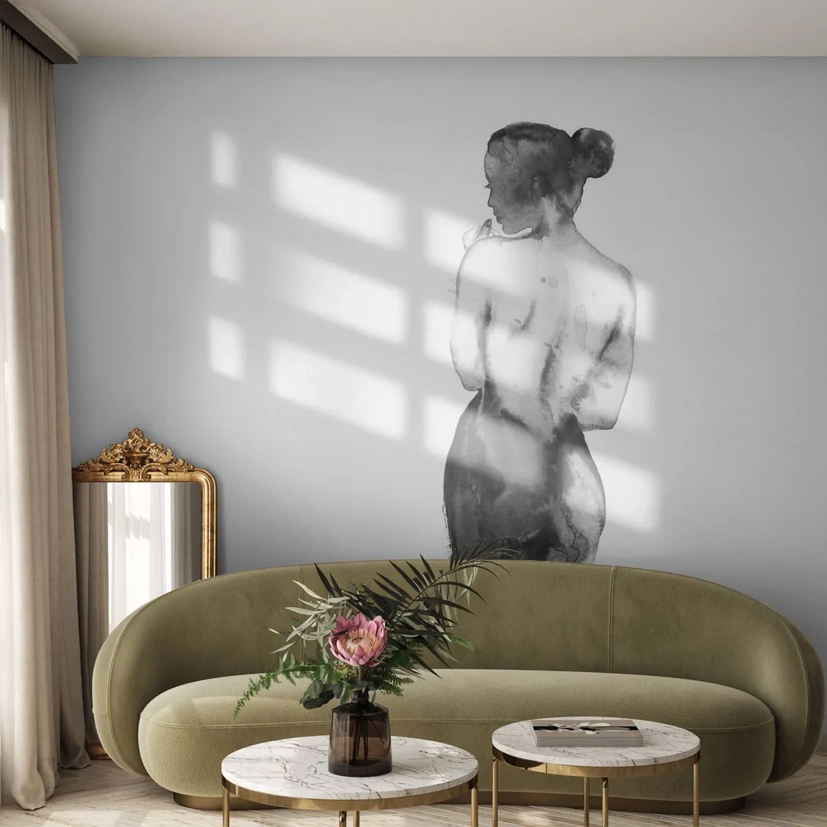 Fotomural Premium Sand - Silueta de acuarela de una mujer en estilo monocromático. - 100x70cm - Sin ella el mundo deja de tener sentido - Decoración de pared moderna para salón y dormitorio ARTTOR