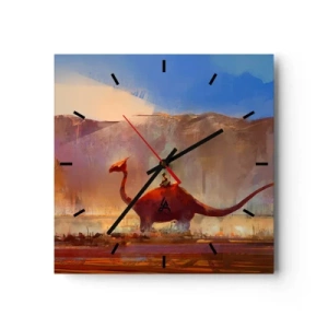 Reloj de pared - Reloj de vidrio - Una escena de fantasía con un jinete sobre una criatura prehistórica. - 30x30cm - Si no se hubieran extinguido - Decoración de pared moderna para salón y dormitorio ARTTOR