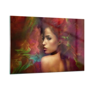 Cuadro sobre vidrio - Impresiones sobre Vidrio - Retrato de una mujer en un entorno abstracto y colorido. - 120x80cm - Más hermosa que un arco iris, tan delicada como la niebla - Decoración de pared moderna para salón y dormitorio ARTTOR