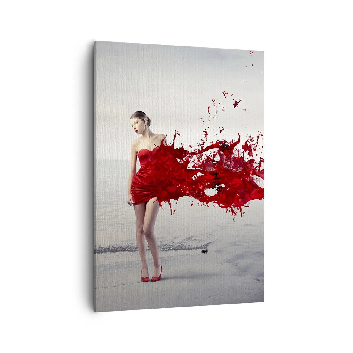 Cuadro sobre lienzo - Impresión de Imagen - Una mujer con un vestido rojo en una composición artística junto al agua. - 50x70cm - Apasionada como la escarlata - Decoración de pared moderna para salón y dormitorio ARTTOR