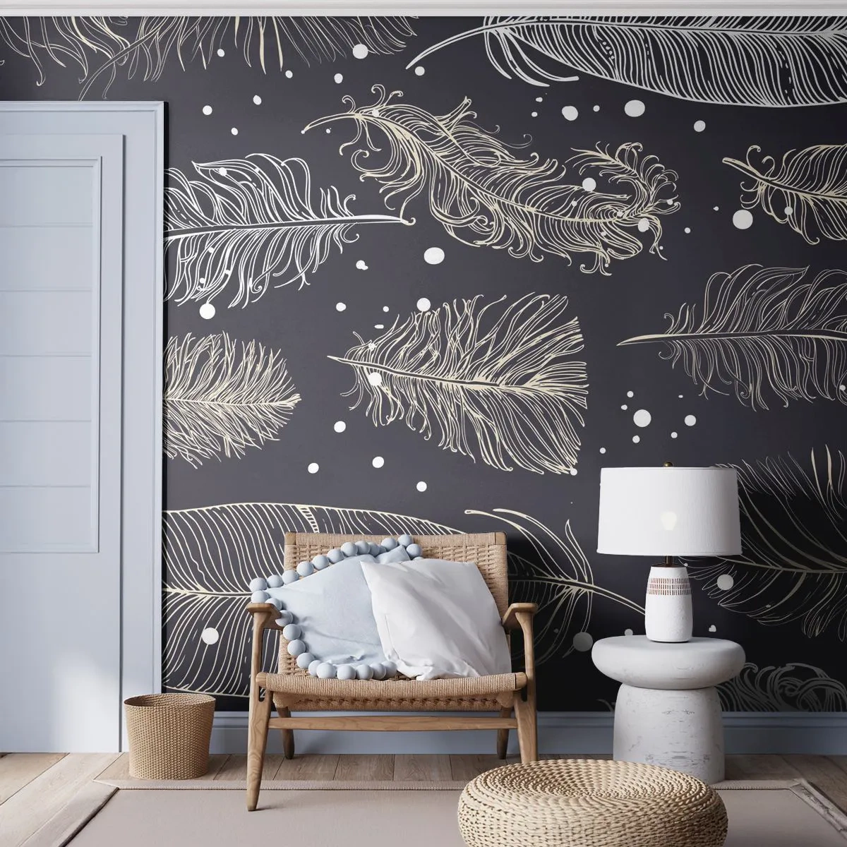 Fotomural Premium Sand - Un elegante patrón de plumas doradas sobre un fondo oscuro. - 100x70cm - Encaje de plumas - Decoración de pared moderna para salón y dormitorio ARTTOR