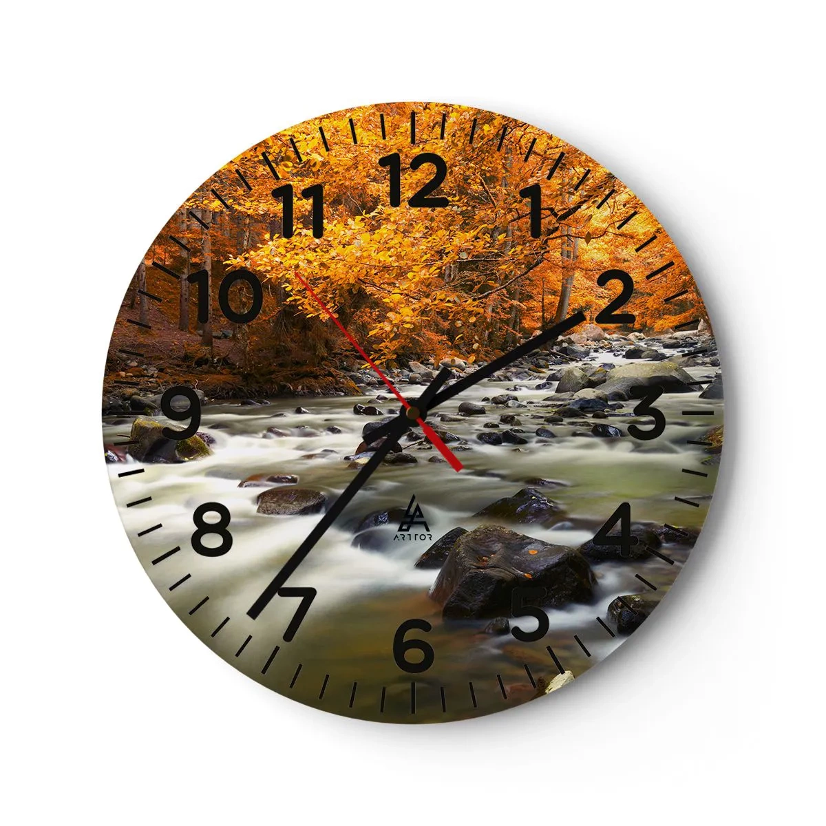 Reloj de pared - Reloj de vidrio - Un arroyo en un bosque dorado - 30x30 cm