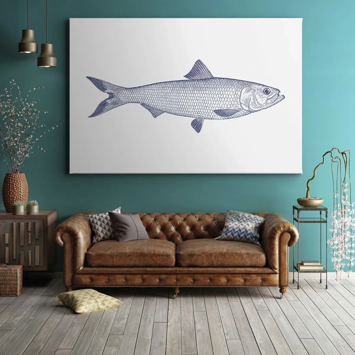 Cuadro sobre lienzo - Impresión de Imagen - Ilustración de un pez en tonos azules sobre un fondo claro. - 70x50cm - Saludos desde los mares del norte - Decoración de pared moderna para salón y dormitorio ARTTOR