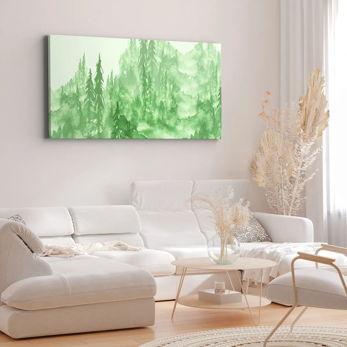 Cuadro sobre lienzo - Impresión de Imagen - Bosque verde en estilo acuarela sobre un fondo claro - 120x50cm - Difuminado con niebla verde - Decoración de pared moderna para salón y dormitorio ARTTOR