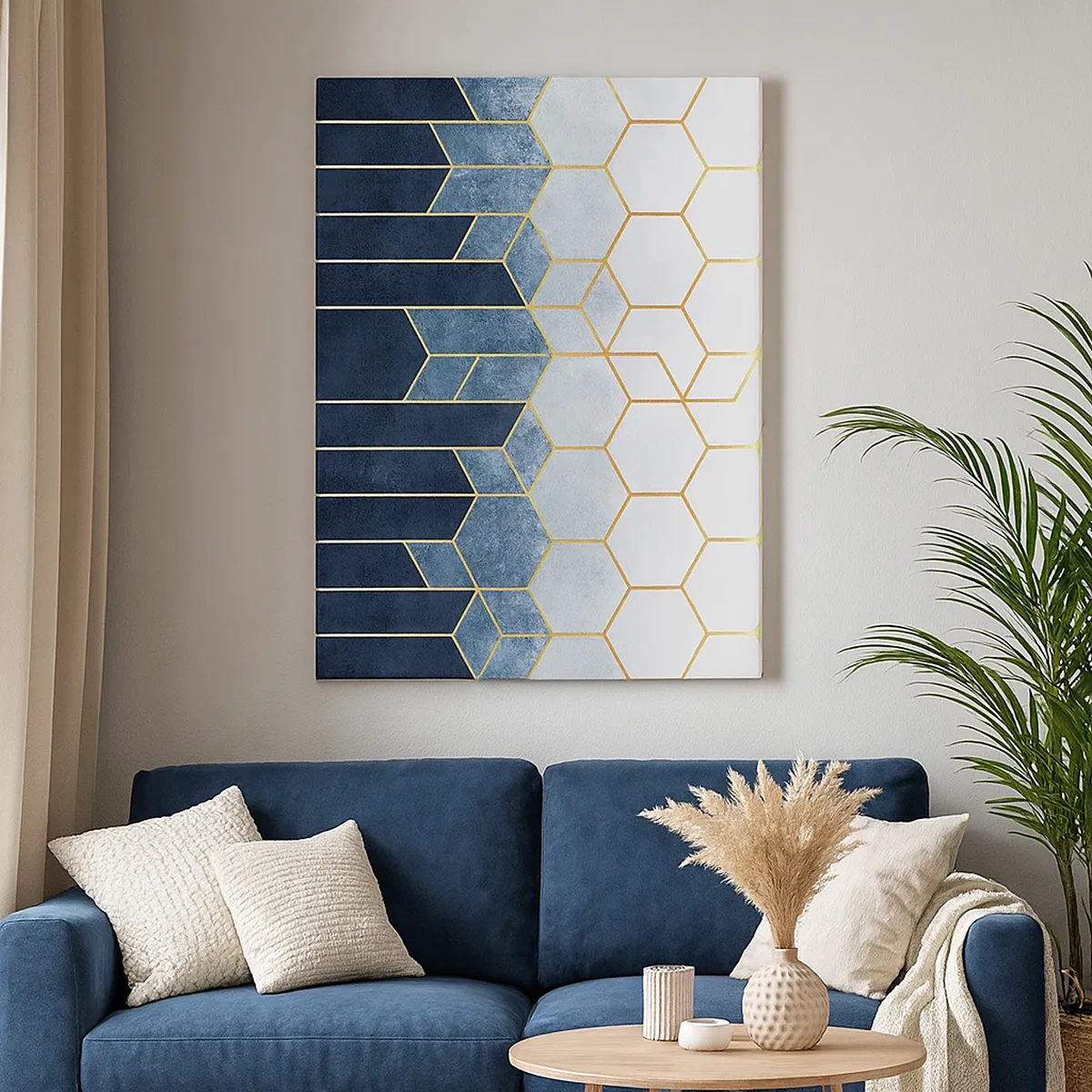 Cuadro sobre lienzo - Impresión de Imagen - Patrón geométrico en tonos dorados y azul marino. - 50x70cm - Composición rítmica visual - Decoración de pared moderna para salón y dormitorio ARTTOR