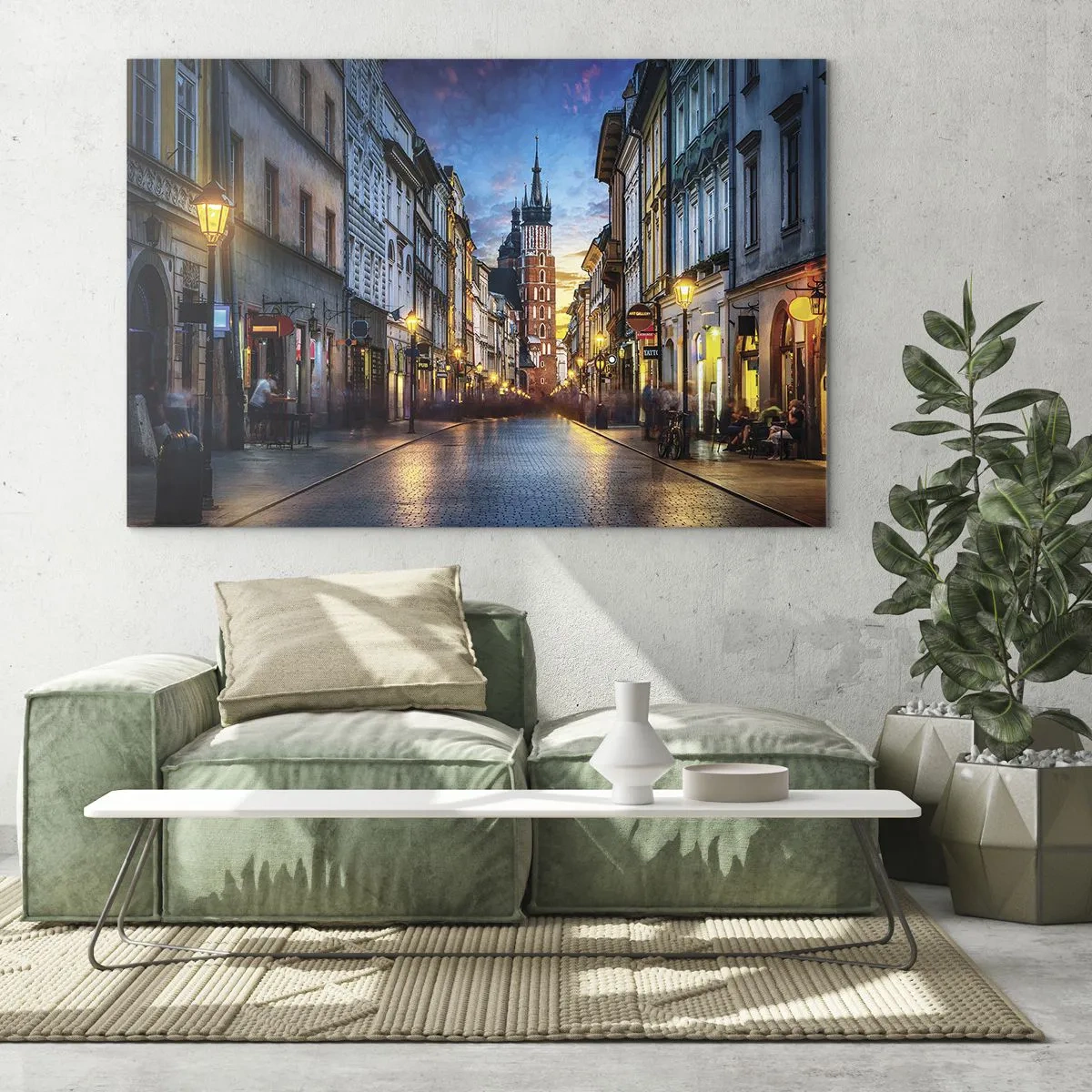 Cuadro sobre vidrio - Impresiones sobre Vidrio - Vista nocturna del casco antiguo con la iglesia al fondo. - 70x50cm - El encanto de Cracovia - Decoración de pared moderna para salón y dormitorio ARTTOR