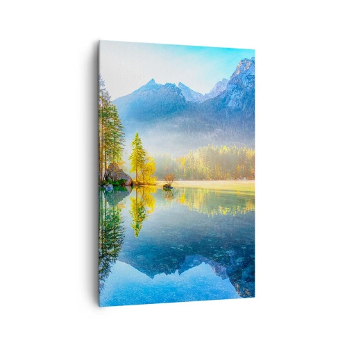 Cuadro sobre lienzo - Impresión de Imagen - Un lago rodeado de montañas y bosques bajo los rayos del sol. - 80x120cm - Majestuosidad y dulzura - Decoración de pared moderna para salón y dormitorio ARTTOR