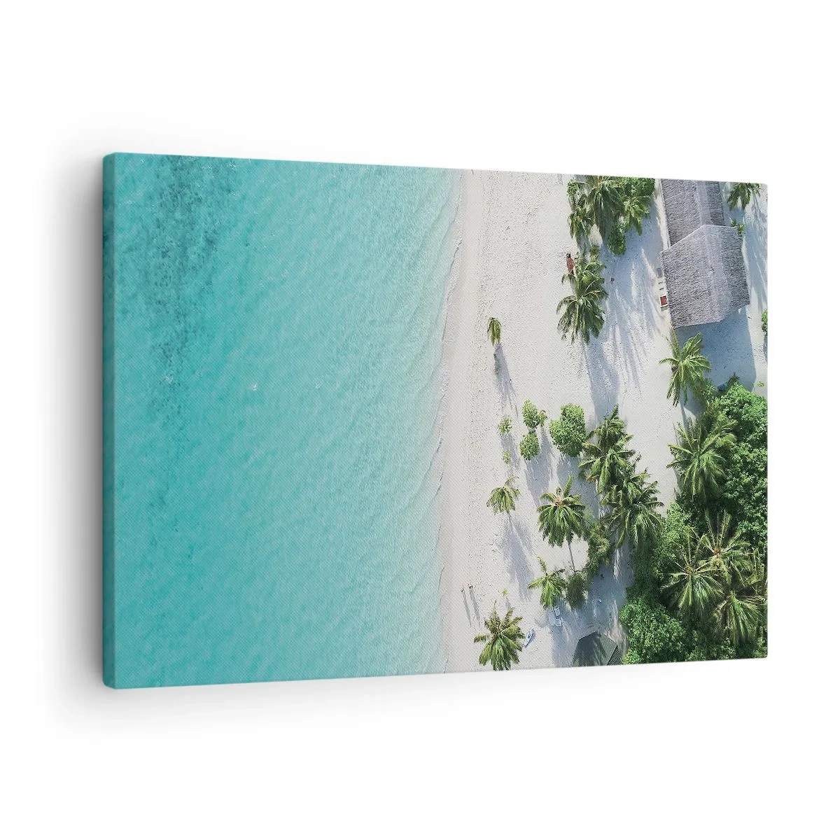 Cuadro sobre lienzo - Impresión de Imagen - Una vista de pájaro de una playa tropical con agua turquesa y palmeras. - 70x50cm - Vacaciones en el paraíso - Decoración de pared moderna para salón y dormitorio ARTTOR