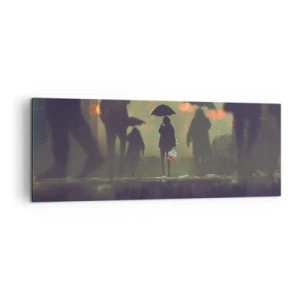 Cuadro sobre lienzo - Impresión de Imagen - Una figura con un paraguas en una tarde lluviosa entre las luces de la ciudad. - 140x50cm - Desde la perspectiva de una gota de lluvia - Decoración de pared moderna para salón y dormitorio ARTTOR