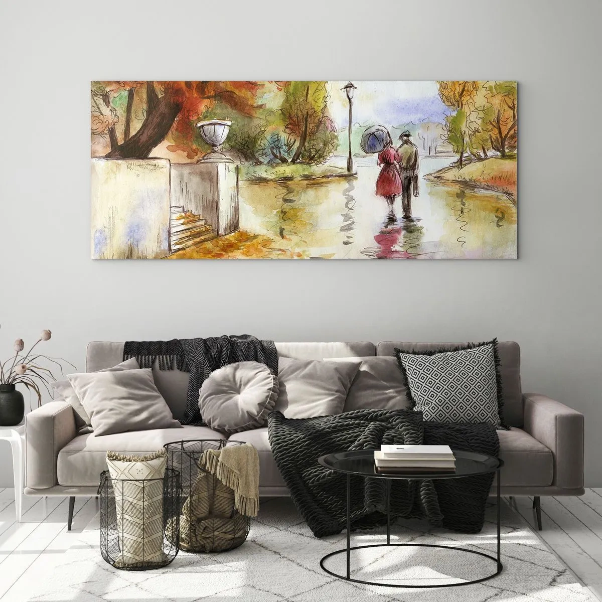Cuadro sobre vidrio - Impresiones sobre Vidrio - Un paseo por el parque de otoño con un paraguas. - 160x50cm - Un otoño romántico en el parque - Decoración de pared moderna para salón y dormitorio ARTTOR