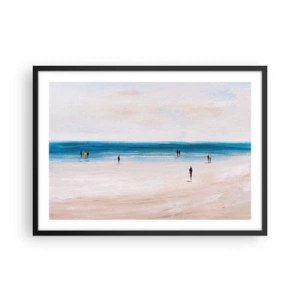 Póster en marco negro - Una playa con gente con el mar en calma como telón de fondo. - 70x50cm - Necesidad natural - Decoración de pared moderna para salón y dormitorio ARTTOR