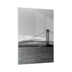 Cuadro sobre vidrio - Impresiones sobre Vidrio - Un puente en blanco y negro con niebla sobre el agua. - 50x70cm - Navegue por el Golden Gate - Decoración de pared moderna para salón y dormitorio ARTTOR