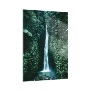 Cuadro sobre vidrio - Impresiones sobre Vidrio - Una cascada en medio de una densa vegetación tropical. - 50x70cm - Balneario tropical - Decoración de pared moderna para salón y dormitorio ARTTOR