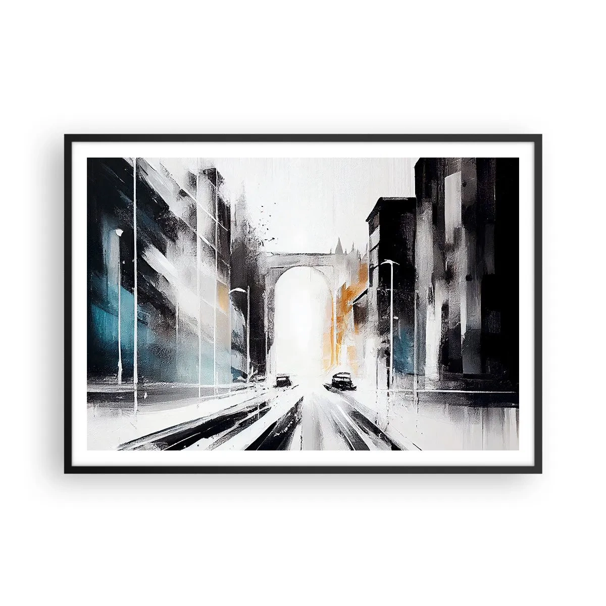 Póster en marco negro - Panorama abstracto de la ciudad con un puente arqueado - 100x70cm - Estudio de la ciudad: arquitectura y movimiento - Decoración de pared moderna para salón y dormitorio ARTTOR