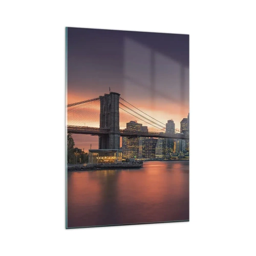 Cuadro sobre vidrio - Impresiones sobre Vidrio - Panorama nocturno de la ciudad con un puente y un cielo iluminado. - 80x120cm - Ahogado en el silencio lila - Decoración de pared moderna para salón y dormitorio ARTTOR